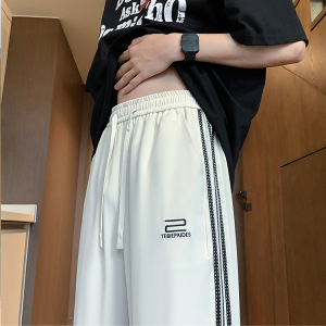 CK905夏男垂感宽松直筒长裤透气条纹织带运动休闲裤大码男女团队图片