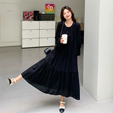 高级感法式黑色长袖连衣裙女春秋2025年超火好看独特绝美宽松长裙，女装连衣裙，2C158