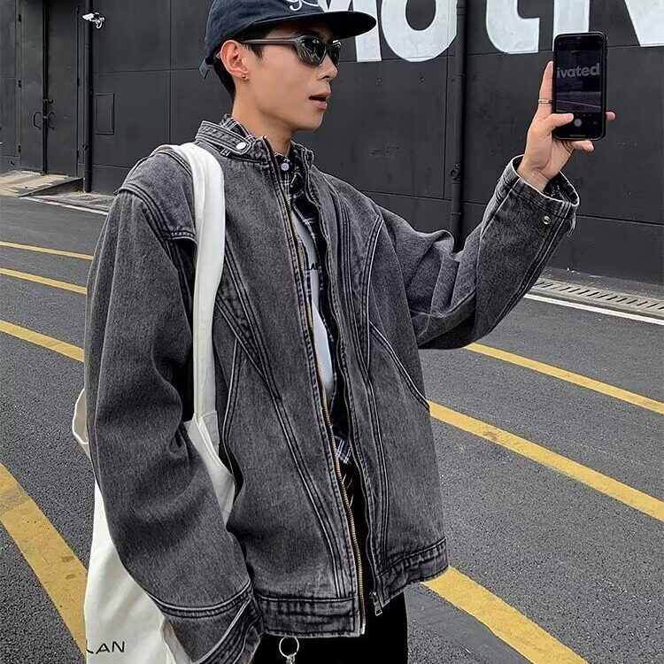潮痞帅欧美高街无领圆领复古牛仔外套夹克春秋男3510/P85,男装工装外套,星座506