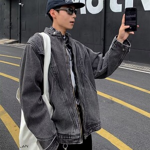 潮痞帅欧美高街无领圆领复古牛仔外套夹克春秋男3510/P85图片