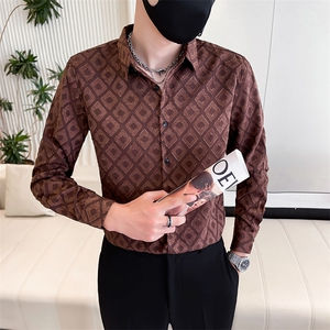 咖 秋季新款男士纯色长袖衬衫男韩版修身痞帅上衣301A-1/H512/P58图片