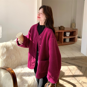 火龙果色软糯羊羔毛保暖外套2025新款冬季独特超好看皮毛一体外套图片