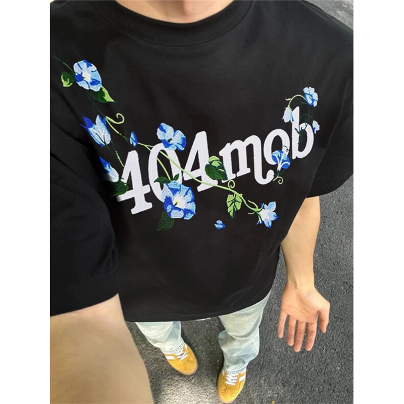 网图有货夏季全幅缠绕花卉刺绣短袖T恤男女情侣宽松上衣A556-P35,男装T恤,星座1505