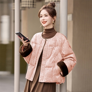 高端设计感立领拼接羽绒服女2025年冬季新款小个子白鸭绒短款图片
