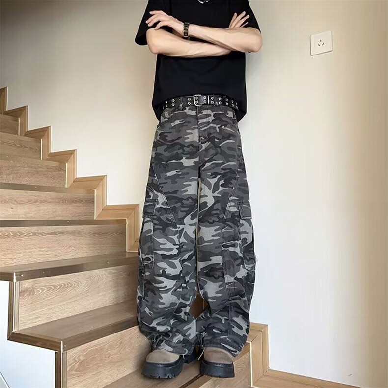 美式复古baggy弯刀迷彩工装裤男女潮牌街头宽松百搭休闲阔腿裤子图片