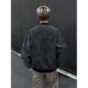 美式棒球服男秋高街痞帅扎染皮夹克设计感短款工装外套潮图片