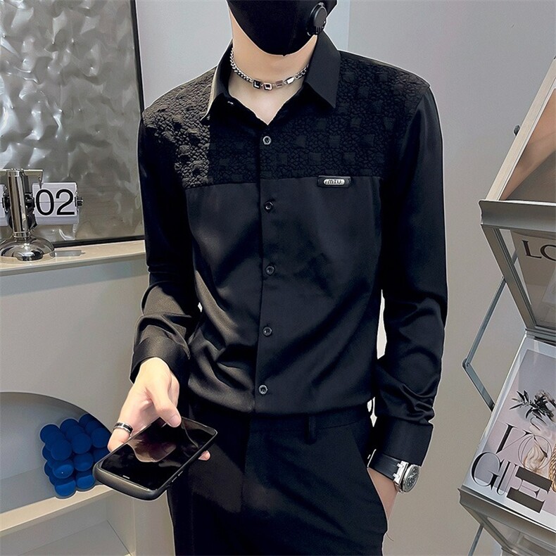 春秋新款发型师潮牌男装长袖拼接休闲衬衫男网红同款修身帅气衬衣,男装衬衫,星座1210-1