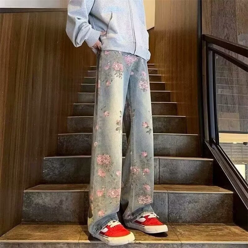 花卉满印牛仔裤男女款复古美式高级感宽松水洗直筒阔腿裤网络图,男装牛仔裤,星座410-6（原星座1304-1）