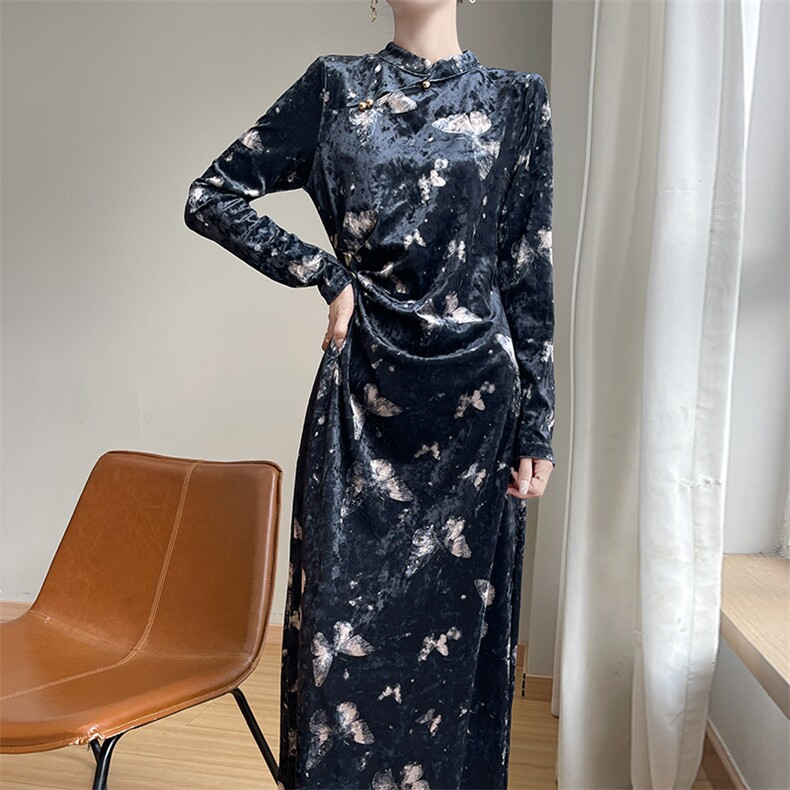 连衣裙女秋季新款潮流时尚金丝绒立领改良旗袍,女装连衣裙,圣丽羊绒