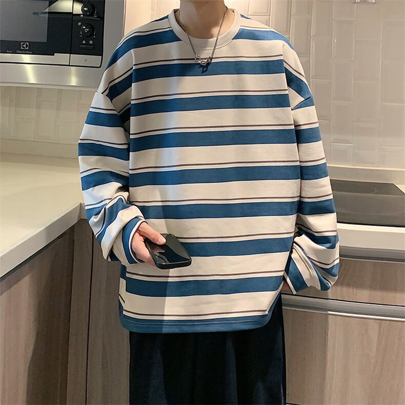 港风麂皮绒圆领条纹拼接卫衣男宽松长袖T恤打底衫Y5533P45,男装T恤,星座1204-3