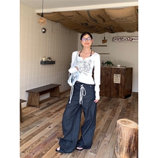 EAHO美式复古波点满印抽绳设计感休闲裤男女宽松百搭直筒拖地长裤，男装休闲裤，星座506A