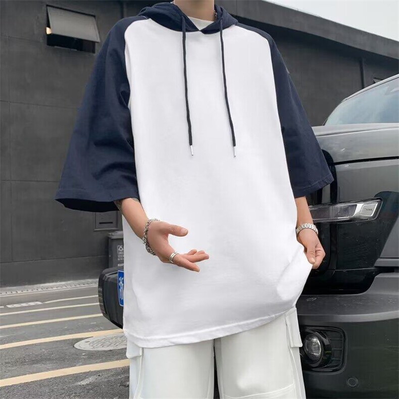 连帽短袖T恤男士夏季宽松潮牌五分袖插肩撞色百搭上衣服,男装T恤,星座410-7