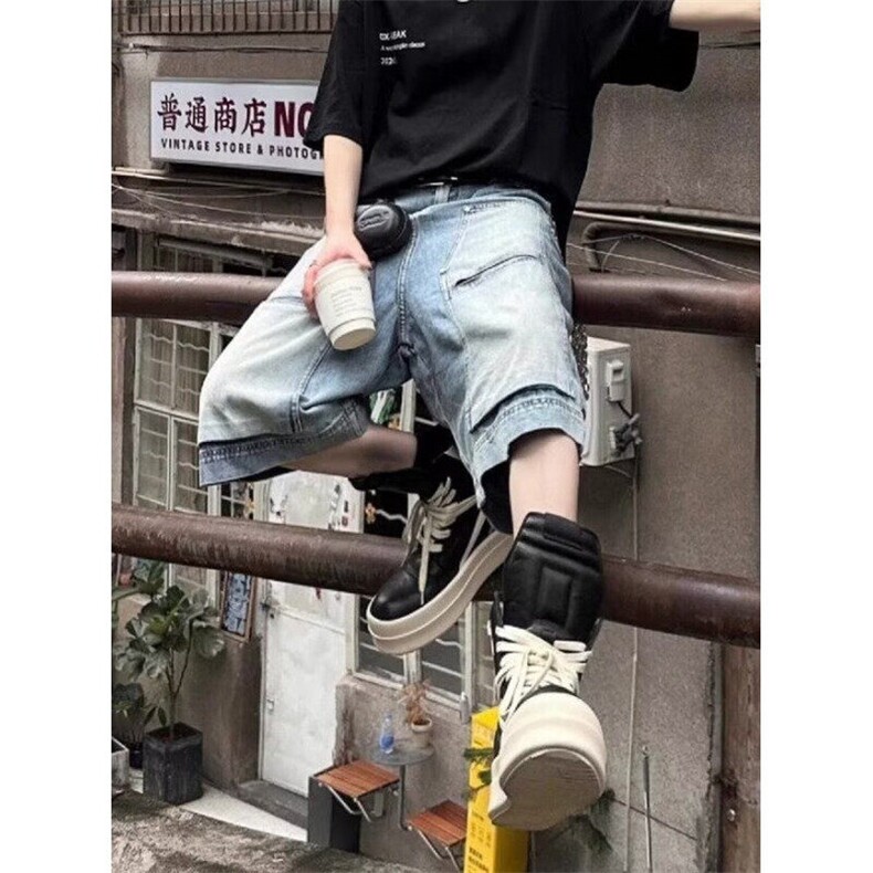 美式高街设计感工装牛仔短裤男新款宽松直筒多口袋七分裤 ND12图片