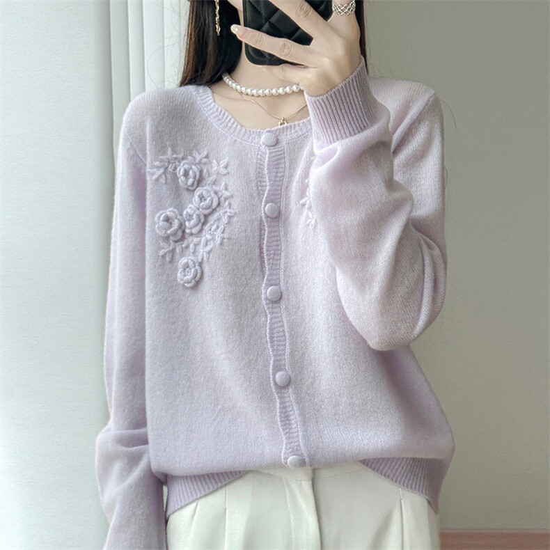 重工立体钩花圆领100%纯羊毛开衫女秋冬新款软糯宽松针织外套上衣，女装针织衫/毛衣，江南羊绒