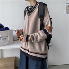 秋冬新款港风撞色V领毛衣男女同款情侣日系套头针织衫W08/P65,男装针织衫/毛衣,钱塘713