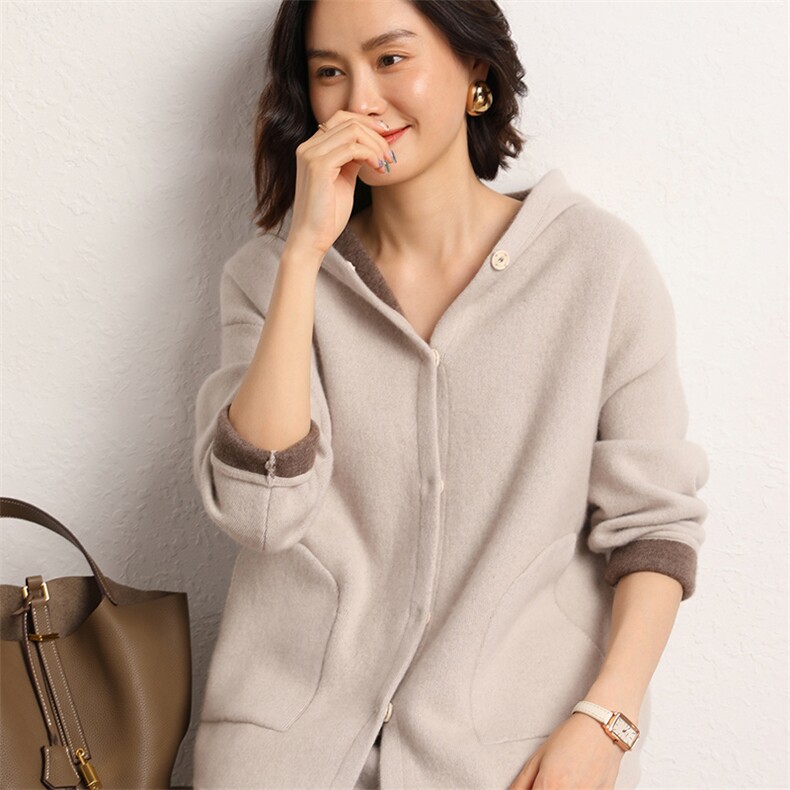 2024年女士秋冬新款山羊绒长袖带兜宽松暗扣开衫连帽羊绒针织外套,女装羊绒衫,五色羊羊绒