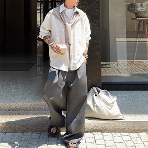 抖音得物品质二开春装美式潮牌披肩条纹长袖衬衫男女休闲宽松衬衣图片