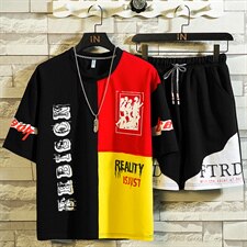 2021夏季运动休闲两件套字母短袖T恤五分裤套装男F155P55，男装套装，电商A086