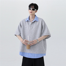 夏季潮牌高级休闲撞色拼接假两件条纹男女同款短袖POLO衫T601-P48，男装Polo衫，电商C307