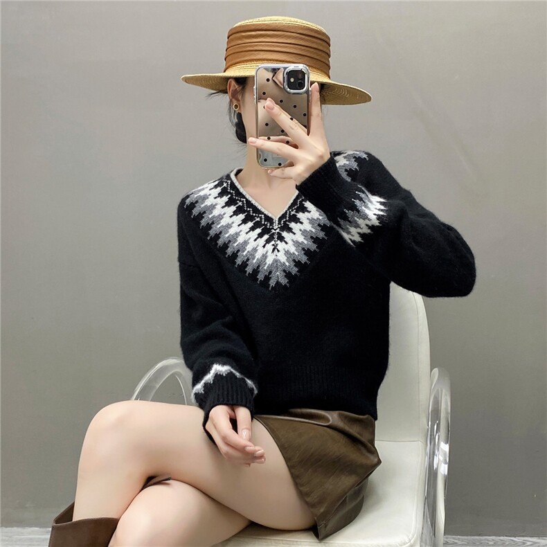 HE|feerdao拼色设计baby山羊绒衫女V领加厚针织衫宽松撞色毛衣,针织衫/毛衣,国旺羊绒