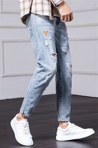 2021新款夏装破洞牛仔裤潮男九分裤韩版休闲乞丐裤子男图片