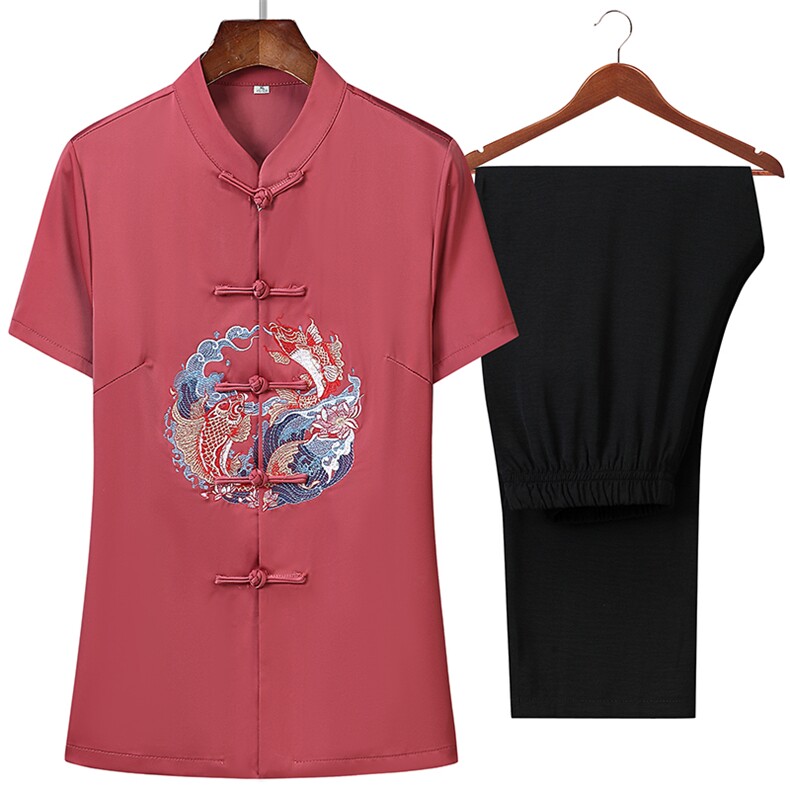 唐装男中老年情侣套装夏季结婚礼服绸爸爸装YD92106-P125,男装民族服装,星座1105-3