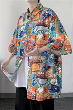 夏季冰丝新款男士宽松港风卡通满印短袖T恤衬衫A071-C33-P38，男装衬衫，电商A071