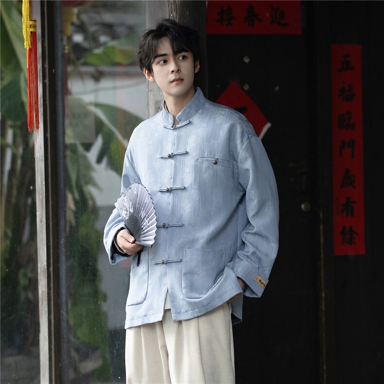 风复古铜扣盘扣牛仔提花立领盘扣加厚宽松大码唐装外套JK207,男装工装外套,星座305A（原312A-1）