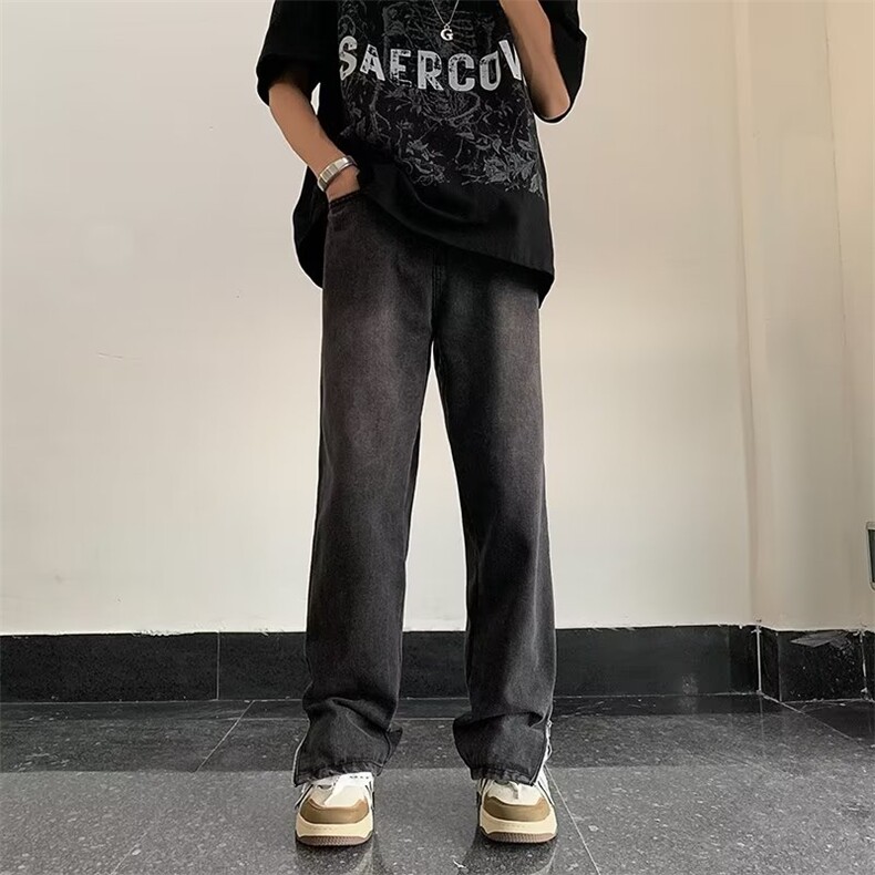 潮牌侧边拉链微喇牛仔裤男春秋复古水洗阔腿裤子美式高街直筒长裤,男装牛仔裤,星座218-1（原230）