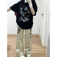 【有货】杏色涂鸦牛仔裤男女美式vibe风裤子高街直筒HT68WW-特P55，男装牛仔裤，星座1007（原301D）