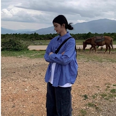XZ286-P34美式复古蓝色格子长袖衬衫男女春秋潮牌高级感休闲宽松，男装T恤，电商B323A
