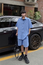 时尚套装男慵懒风条纹蓝色短裤长袖衬衫套装潮流时尚套装特P55，男装牛仔裤，电商B319