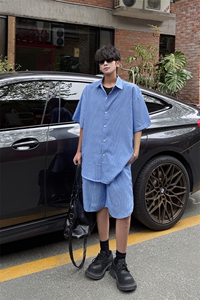 时尚套装男慵懒风条纹蓝色短裤长袖衬衫套装潮流时尚套装 特P55图片