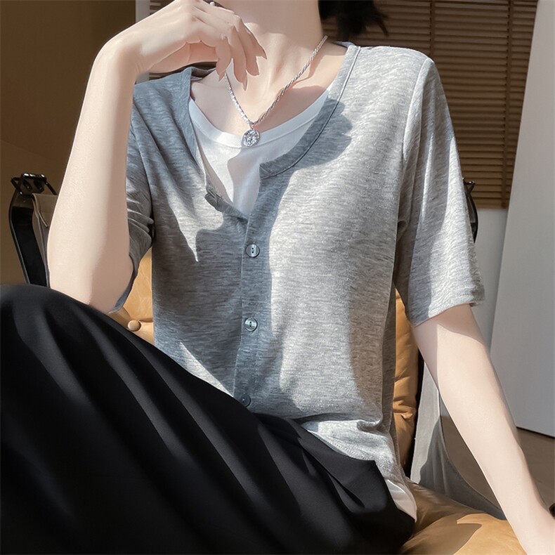 低圆领新款针织女短袖纯色开衫简约百搭宽松假两件,针织衫/毛衣,绒宛羊绒