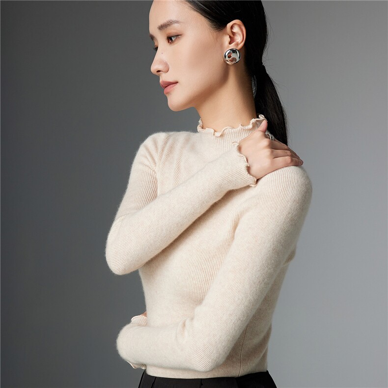 2025舒适百搭简约半高领长袖针织衫,女装羊绒衫,玛卡隆羊绒