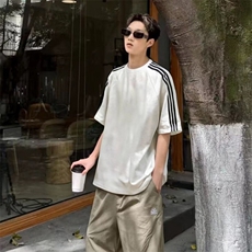 抖音得物品质二开240克宽松纯棉美式潮牌印花三条杠中性风短袖T恤，男装T恤，电商A486