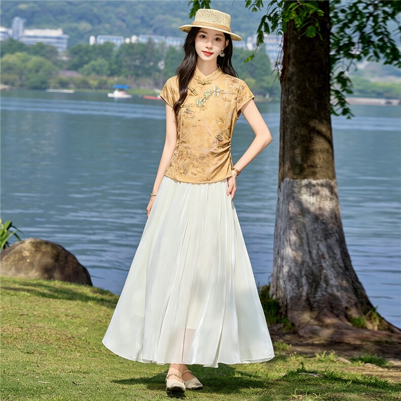 高级感新中式立领短袖女2026夏季新款改良旗袍领收腰套裙,女装套装/套裙,贝蕾酷儿