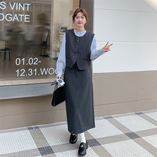气质通勤穿搭灰色马甲套装裙女春秋2025新款超火衬衫半身裙三件套，女装套装/套裙，2C305