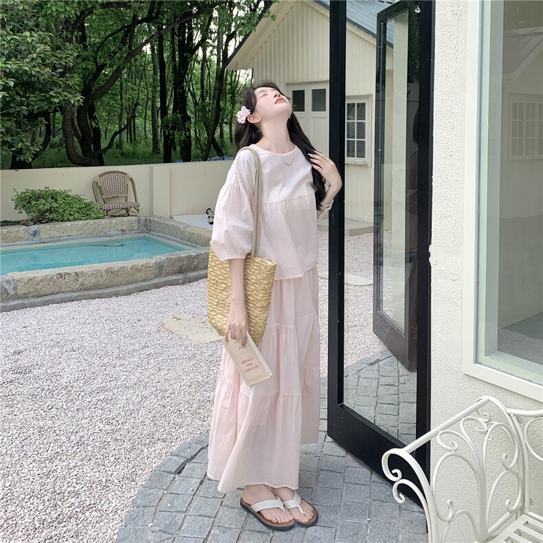 法式小资泡泡袖粉色连衣裙配上衣套装女夏超火好看绝美长裙两件套,女装套装/套裙,浙宝A馆126