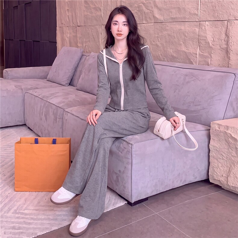 欧货休闲时尚套装女春秋灰色短款双头拉链长袖卫衣阔腿长裤两件套,女装套装/套裙,江南