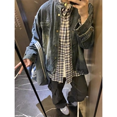 美式复古水洗毛边圆领牛仔外套女2025春秋新款高级感宽松夹克上衣，男装工装外套，四季星座505