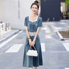 现货牛仔蕾丝花边套装裙女2024夏季新款洋气时尚复古牛仔两件套，女装套装/套裙，魅影