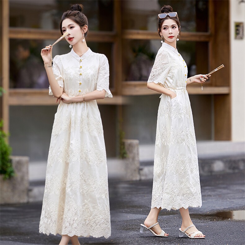 2024夏季新款中式提花刺绣立领仙气显廋连衣裙，女装连衣裙，星期衣