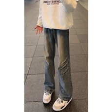 美式水洗复古褶皱弯刀牛仔裤男款高街vibe裤子直筒长裤微喇长裤，男装牛仔裤，四季星座505