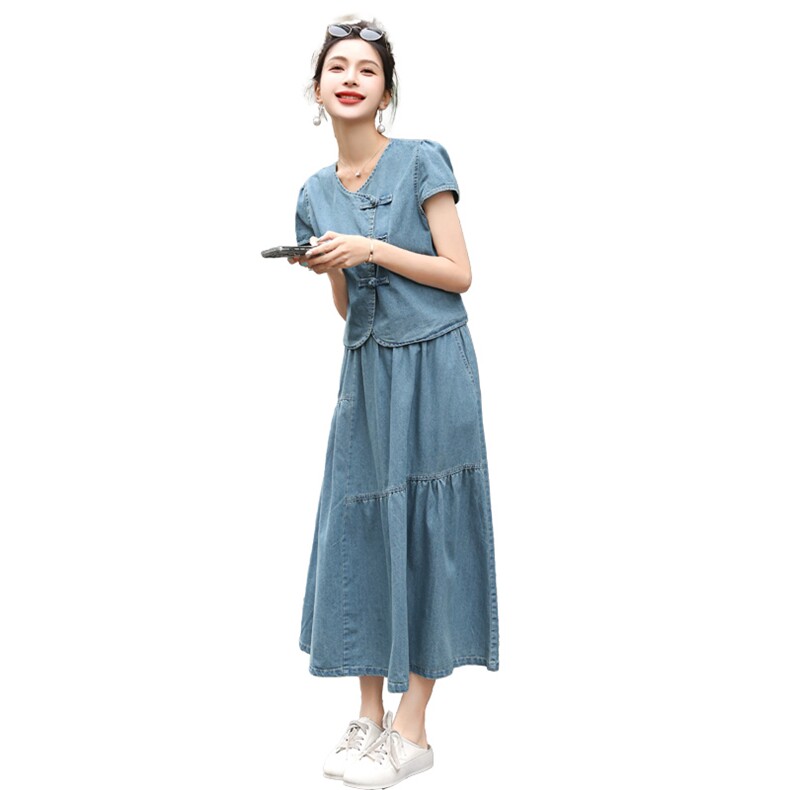 《48H发》时尚复古盘扣拼接牛仔两件套套裙,女装套装/套裙,婷轩阁
