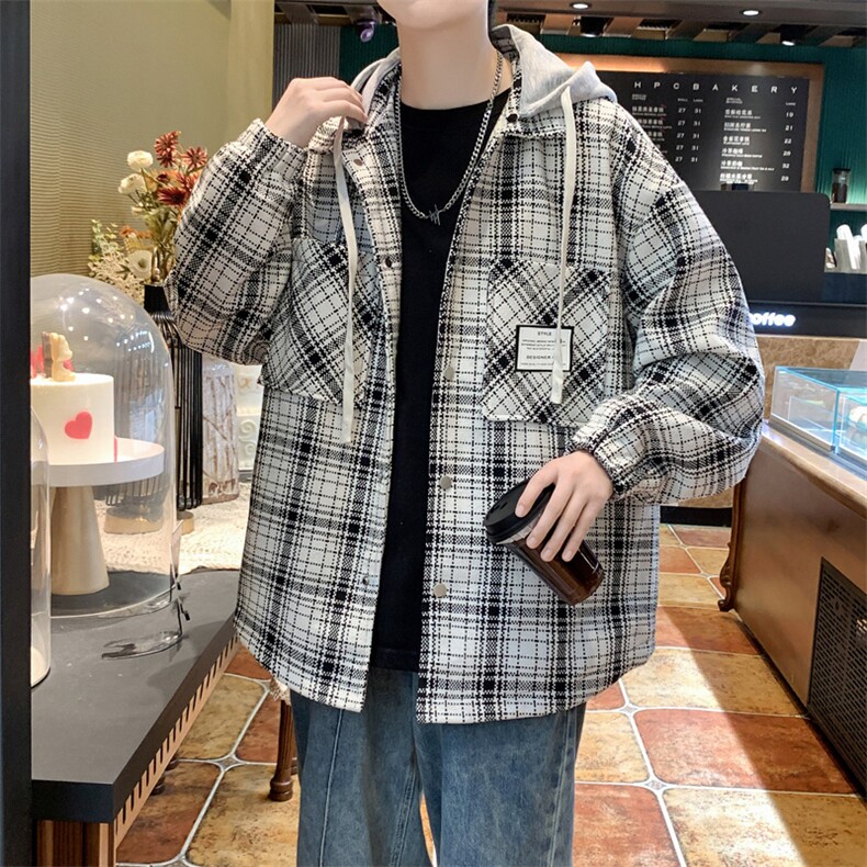 秋季新款男士格子夹克韩版简约外套连帽衬衫上衣服 A436-6619-P85图片