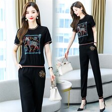 大码冰丝运动套装夏装2025新款休闲时尚洋气显瘦跑步两件套女装潮，女装套装/套裙，妙形