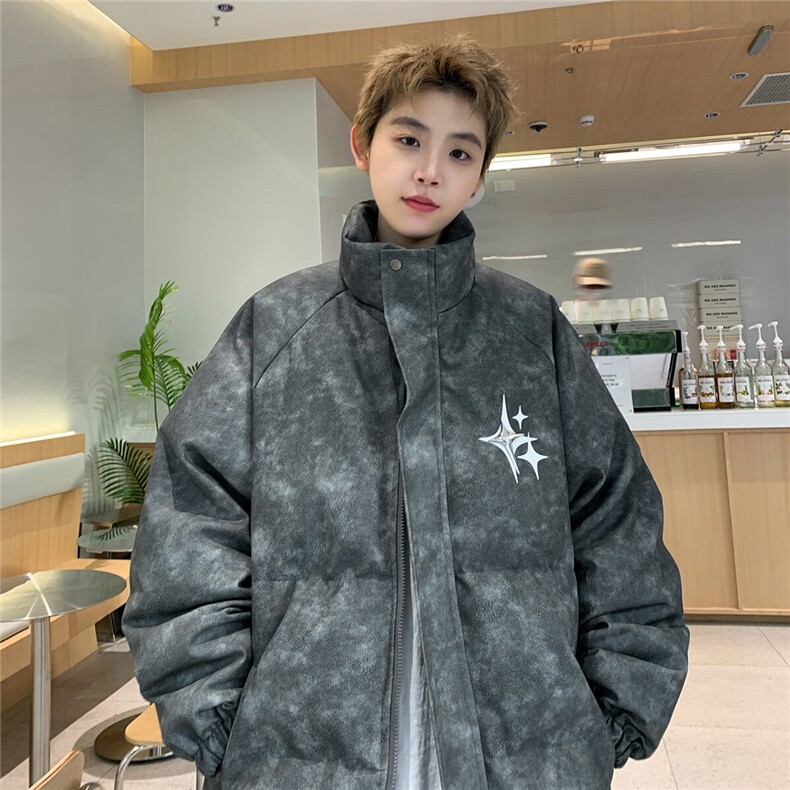 港风PU皮复古做旧可拆卸四芒星胸针设计棉衣男MY77721P128控168,男装棉衣,星座227-7