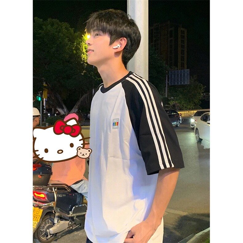 抖音得物品质二开240克宽松纯棉美式潮牌插肩三杠织带短袖T恤，男装T恤，电商A486