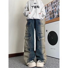 B221美式ins高街重工艺宽松做旧工装牛仔裤子LK23143-P80控108，男装牛仔裤，电商B221